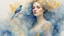 Placeholder: Victorian era, watercolor drawing, double exposure, fine rendering, portrait of a beautiful woman 30 years old, airy transparent dress, double exposure, bird, fantasy, blue, yellow, flowing hair, highlights, sparkles, clear lines, detail, fine drawing, high resolution , 8K, photorealism, precise focus,