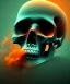 Placeholder: broken realistic skull. black background. smoke and explode. particles in air. teal and orange. abstract. beksinski.