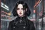 Placeholder: wednesday addams with short black hair in 8k 2D anime realistic drawing style, Gothic them, neon effect, close picture, rain, highly detailed, high details, detailed portrait, masterpiece,ultra detailed, ultra quality