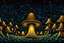 Placeholder: millions of dots art detailed mystical trippy ultra saturated neon detailed look into an old wise gnome holding mushrooms next to a fire in the glowing mushroom forest, but a hallway of mushrooms. (Retro Art Nouveau-influenced concert posters). Art deco mushroom border. DMT like entities. aliens and mythical creatures melting faces. white swirls in the blank space