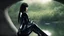 Placeholder: fantasy photo of a woman in an android looking catsuit, with black hair, sitting on a ledge over a pond, wearing an android-looking catsuit, sideways, with a planet behind her