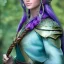 Placeholder: beautiful elven ranger queen with purple armor, delicate cyan braided hair, green glass eyes, white flowing dress, highly detailed, 8k, ambient light, taylor swift