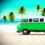 Placeholder: old Volkswagen partyvan, green color van, funny colored, partyvan on the beach, sunny beach, sunny weather, beach party, party people, party, realistic, ultra high quality, unreal engine, cinematic, surfing, palms, palm beach, beach, sandy, professional photography, ultra resolution