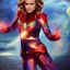 Placeholder: Captain Marvel,flying in the sky, hair on fire, busty, realistic, vibrant colors, Kate beckinsale's face, long hair, gold angel wings