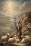 Placeholder: Moses stands on a mountain and holds a crooked wooden staff. Next to HIM ARE SEVERAL SHEEP, at HIS feet are stone tablets on which the ten commandments of God are written, and below is a valley with cities of Palestine where milk and honey flow. sand, palm trees and mountains. There is a silhouette of God in the sky. Everything is painted in oil painting with high-quality drawing of details