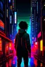 Placeholder: African city, sci fi, street view, afro futurism, cyberpunk elements, night time, male character in a hood with his back to the camera,