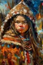 Placeholder: Create an oil painting on cracked canvas: (((a frontal portrait depicting a sturdy barbarian girl from head to belt, in cold steppe)) An dynamic impressionist impasto painting, visible brush strokes and paint stains come together to bring to life a young sturdy barbarian princess clothed in raw furs and skins in front a very big primitive mongolian nomad' s tent. The barbarian princess looks grim, spirited, angry and determined, her face is broad, her eyes are narrow and black, somehow cold and