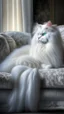 Placeholder: White cat, long hair, sitting on a sofa hdr