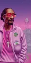 Placeholder: Snoop dogg. a chair. pink houses, pink sky, pink smoke, trees