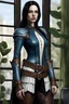 Placeholder: beautiful pale skin female, half elf, black silky straight shoulder length hair, blue leather armor with white frills, shoulder to waist belt, brown travelling boots, standing near window, plant on pot, brown dark eyes, realism, realistic, photorealistic, fullbody shot