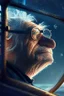 Placeholder: grandpa hog, with background star field seen in the window of a boat, 4 k, trending art, depth of field, in the style of gorillaz