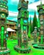 Placeholder: A green mechanical village with crystals designed in pacific Northwest totem poles painted by Claude Monet