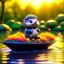 Placeholder: cute blessed freedom statue hedgehog robot jumping in a rubber boat in the river,catching a big fish in a river stream, 8k, downlight, soft light, depth of field, photorealism, trending on art station, lotsa detail