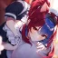 Placeholder: Clear Focus, High resolution, wearing a maid uniform, fluffy hair and a long ponytail, blue hair, cat ears, meowing, hugging another girl with red long fluffy hair also wearing a maid outfit, looking at you