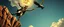 Placeholder: the harlekin or fool from major arcana tarot,dancing joyfully on the edge of a cliff streching for a bird leaning into the air, seen from below, close up portrait of dj magic farmer pilot looking down on cam, with background in the style of escher and giger, a chill contrapunctus fugue in the style of fsol, beethoven, held up and protected from disaster