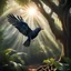 Placeholder: Hyper Realistic photographic-view of Koel Bird Flying outside a thick old tree inside a jungle with sunlight-rays showing dramatic & cinematic ambiance