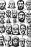 Placeholder: diferent medieval faces of diferent medieval people with diferent expressions, some dramatic, somo happy. the style is minimal black and white stamp. in the sheet there are more than 5. very diverse court memebers and everyday people. man, woman, kids. white background