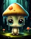 Placeholder: A melancholic creepy kawaii mushroom with a tiny, frowning mouth and big droopy eyes, sitting on a mossy log in a quiet and peaceful forest, lost in its own thoughtsto add personality, outline