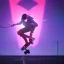 Placeholder: photo of a ninja riding a skateboard; in an alternate universe in tokyo; cyberpunk; realistic; rain; neon signs