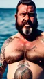 Placeholder: photography of a burly marocan fisherman sunbathing on a fisher wooden boat, in little french pants, tattoo, manly chest, ugly, 44 years old, bullneck, white long beard, dreadlocks, muscular chubby, screaming, angry eyes, photorealistic, Canon EOS, 8k