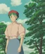 Placeholder: Portrait of a beautiful girl with green hair wearing a red beret, trees and clouds in the background