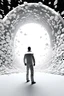Placeholder: a small man in front of a big white and circle explosion space, 3D render ,contrast