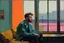 Placeholder: Euan Uglow photo dedicated beautiful a dreaming young beard colored punk guy sits and looks out of the livingroom window, stormy Day, neon pop '80s oil paint-style raw-in Blade Runner living room- by Stanley Kubrick