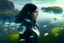 Placeholder: young woman in an android suit with dark hair, standing on the shore of an alien sea. Floating forests with dandelion tops in the distance