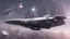 Placeholder: a photorealistic sleek silver spaceship flying over a futuristic ruined city