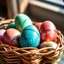Placeholder: digital photograph of off-center modern basket colorful Easter eggs. eggs display intricate textures in azure, emerald, blush, crimson, sapphire, and gilded metallic hues. cinematic HDR backlighting highlights subtle dimples and glossy reflections, with shallow depth of field softening the sunlit background. hyperrealistic 8k resolution, rustic ambiance,