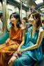 Placeholder: Neoclassicism 2 japanese woman smiling at other woman sitting in metro realistic cote d'azur painting colorfull