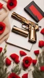 Placeholder: Two gold pistols and a red notebook on a white scarf. A bed of red poppies. Close-up from above.cinematic