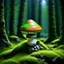 Placeholder: "Close up of a wonderful tiny Mushroom Tower home. green and orange with bright white, deep black and contrasting tones of gray. Illuminated bioluminescent forest. Professional painter, master at composition. small but detailed. broken, blurred background, voluminous lighting"