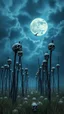 Placeholder: A moon in the blued blurry dark sky background and out of this world galaxy in a blue and gray cloud of stormy weather a many large amount of thick sticks fixed on the ground with many skulls the same size more than 30 put on the top of it ultra hi quality picture with cinematic science, tragedy, a small black birds far in hovering in the horizon in the big field of grass near front view of the skull filling all the fields in everywhere. A creepy old black big castle