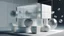 Placeholder: Digital architectural model of a minimalist house made of hollow stone cubes and frosted glass spheres, inhabited by a woman.