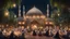 Placeholder: Hyper Realistic Photographic-View of lots of Muslims eating-&-fasting on the road, outside a beautifully-crafted-mosque-dome with plants-&-tables-decorated-with-Garland-Lights with dramatic-&-Cinematic-Ambiance at night.