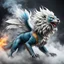 Placeholder: a sturdy colorful winged lion-like asian dragon with curly white fur, smokey breath and fire, claws, spikes along back, a long tail, moving forward out of the smoke and mist