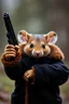 Placeholder: A mouse warring a black coat humanoid, dressed brown fur coat, holding a gun hands up