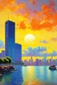 Placeholder: Amazing sunset, buildings, lake, rocks, distant city, trees, cyberpunk, sci-fi, claude monet impressionism paintings