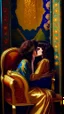 Placeholder: Masterpiece, fine art, award winning, "like Gustav Klimt : the Kiss in a chair" 2 w, RAW photo, eye candy in the style of (petra collins::Robin Eley:1.5), (Suhaila Ben Lachhab::Heidi Moussa:1.5) in breathtaking cinematic shot (full body shot, from below angle) that emphasizes the stunning cheek bones, texturized black hair,(big detailed eyes:1.5) (cottagecore aesthetic:5) with extreme sensuality, Irresistible with (porcelain skin:4.8), sitting on an old chair, retro vintage style