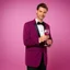 Placeholder: man in a pink suit, glam style and a glass of red wine in his hand, pink background too