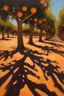 Placeholder: The oil painting of an Andalusian orange grove bathed in sunlight, with shadows dancing on the ground.