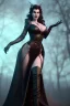 Placeholder: Amy Dumas as evil queen in black leather gown, evil, busty, cleavage, curvy, angry, stern look. character design by cory loftis, fenghua zhong, ryohei hase, ismail inceoglu and ruan jia. unreal engine 5, artistic lighting, highly detailed, photorealistic, fantasy