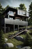 Placeholder: Medium-sized modern house made from shipping containers, on a hill overlooking the woods, photorealistic