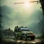 Placeholder: vietnam war. war report. jeep in jungle. poster. bokeh. lens flare. warm lights. high detailed. beksinski