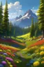Placeholder: Crea un paisaje realista de bosque de coníferas, con flores coloridas en estación de verano, protegido de los turistas e inhabitado, donde se puede visualizar a lo lejos un cordón montañoso