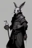 Placeholder: Portrait of a young thin dark grey humanoid field rabbit as large as a person, who is a drunken monk for dnd but has travelers robes for clothing with their ears in a ponytail behind his head, and he also has a staff on his back and a flask in his hand. He also has mild battle scars on his face, but is smiling blissfully