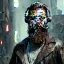 Placeholder: DJ cyborg bearded Christian Boshell with headphones. dystopian cyberpunk style similar to sin city, cinematic Fire theme art, Dark moody atmosphere, similar to a Michelangelo art direction, close-up face