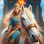 Placeholder: (masterpiece, best quality, 8k, RAW photo, beautiful and aesthetic:1.2), complex detail, Indirect light, photorealistic, (((full body))), 2 Gorgeous Cosmic russian asian goddess smiling, long curved blonde hair, blue eyes, Mixed, sci-fi and traditional russian outfit with white furs and chapka, on a horse of fire companion, a colorfull Sci-Fi environment