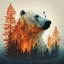 Placeholder: double exposure fire_forest polar_bear silhouette portrait, intricate mystical perfect anatomy | accurate | brilliant | warm backdrop | vibrant | double exposure art by Andreas Lie and Dan Mountford | detailed color shading | intricate textures | hyperdetailed 8k resolution, concept art, Splash art, flying gold and crimson particles, photo layering effects.